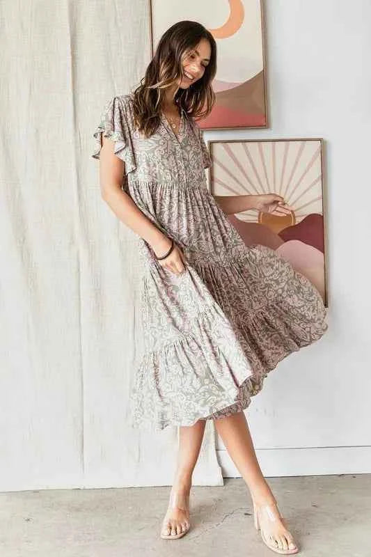 Mittoshop Abstract Print Ruffle Tier Midi Dress