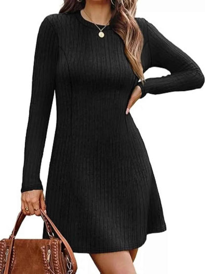 Ribbed Knit Long Sleeve A-Line Dress