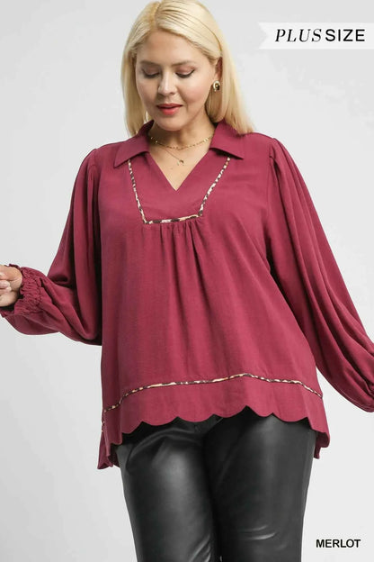 Umgee Full Size Linen Scallop Hem Blouse with Contrast Trim Plus Size