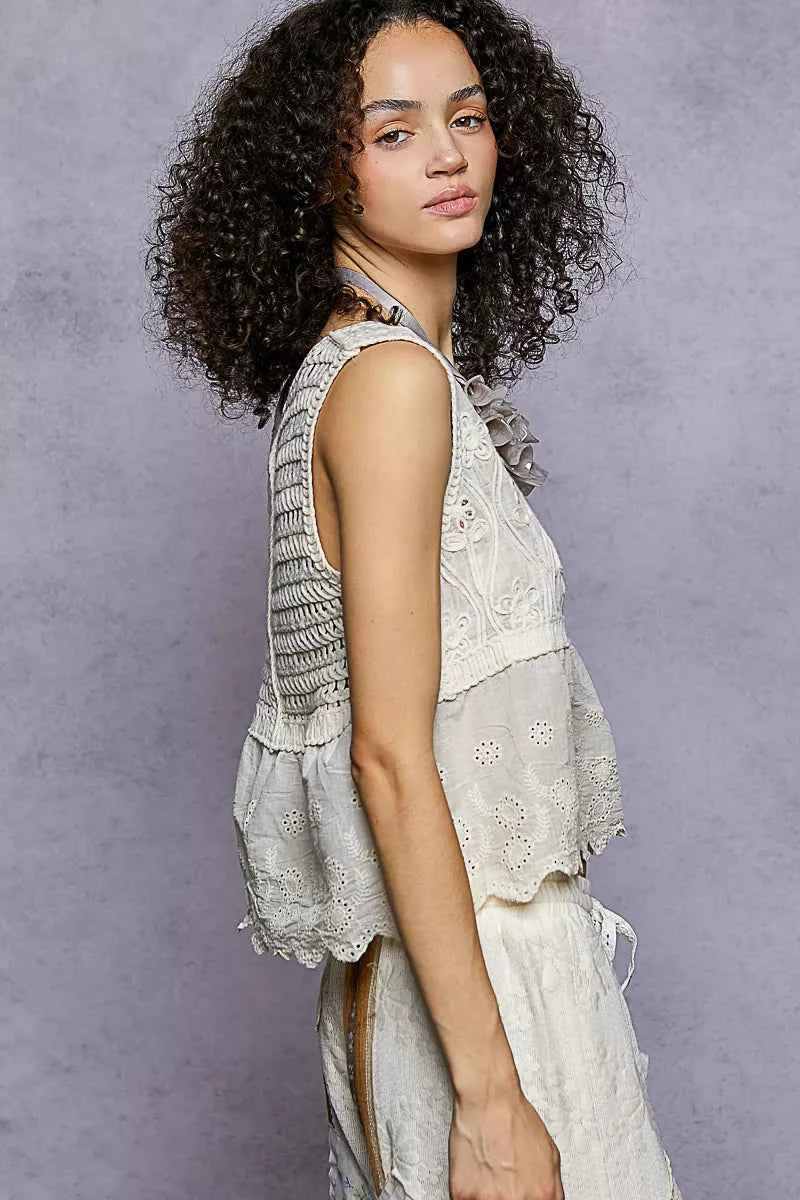 POL Sleeveless Flowy Fit Crochet Top with Scalloped Border Accents