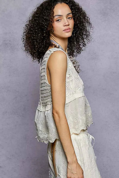 POL Sleeveless Flowy Fit Crochet Top with Scalloped Border Accents
