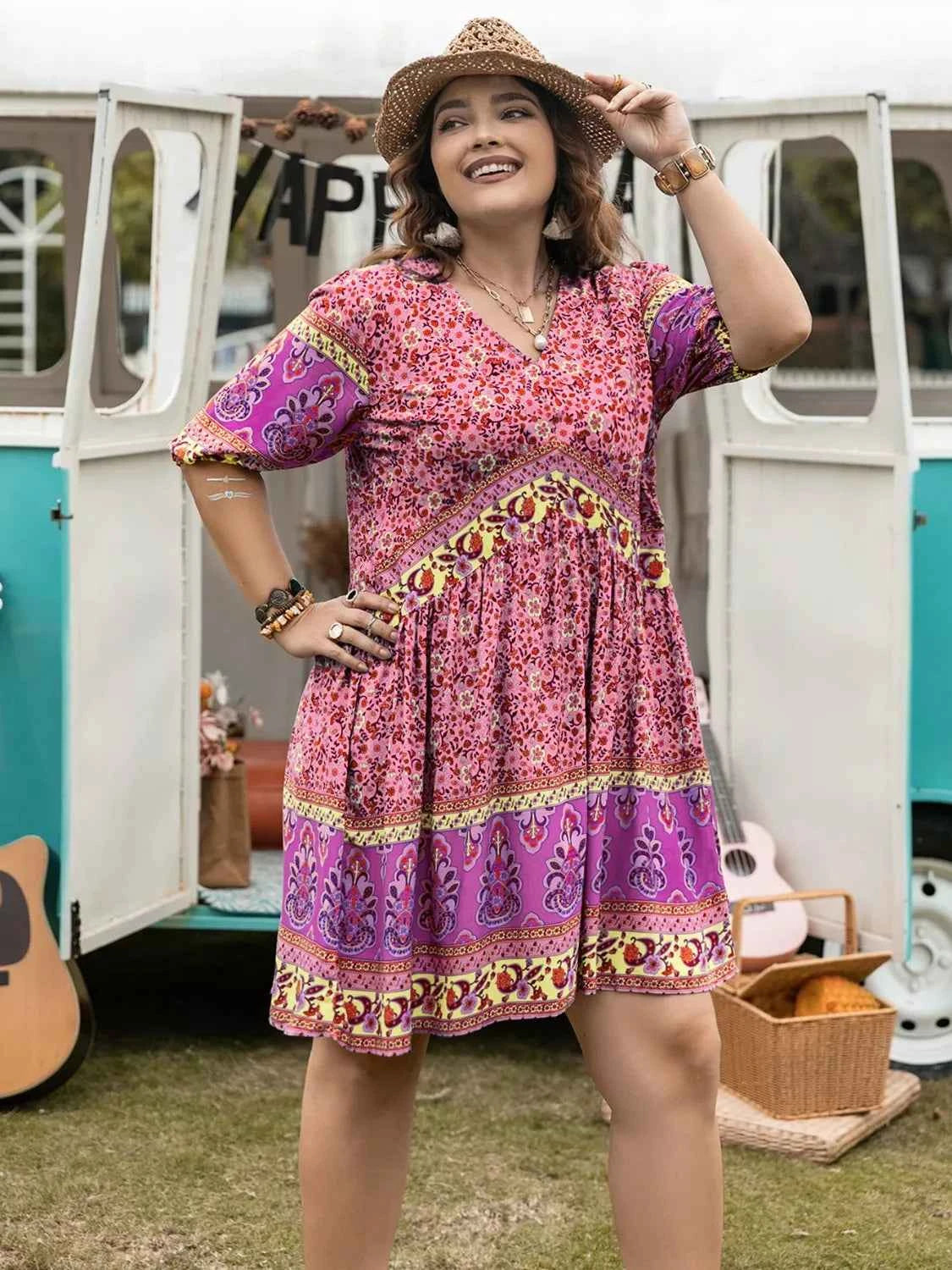 Plus Size Floral V-Neck Mini Dress