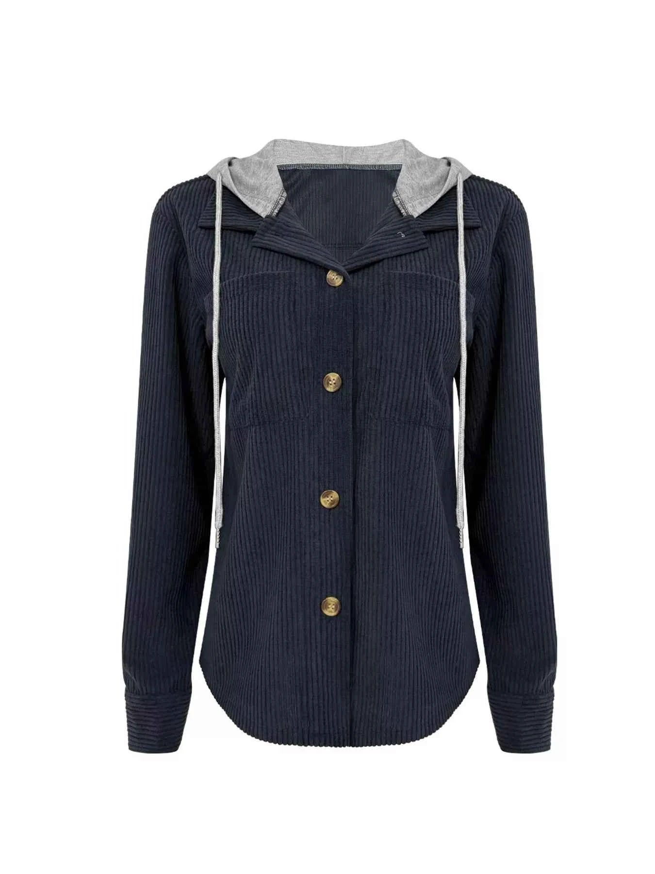 Plus Size Casual Corduroy Button-Down Hooded Jacket