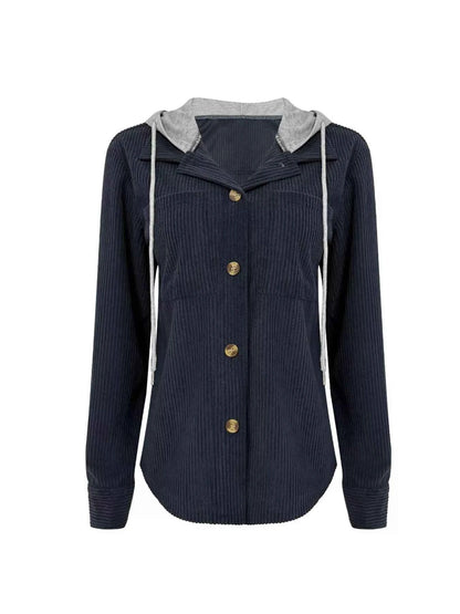 Plus Size Casual Corduroy Button-Down Hooded Jacket