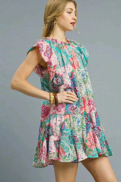Umgee Printed Ruffle Cap Sleeve Mini Dress