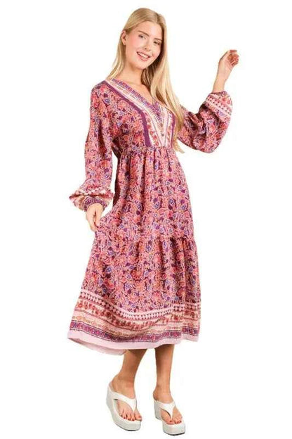 VERY J Floral Printed Boho V-Neck Balloon Sleeve Dress