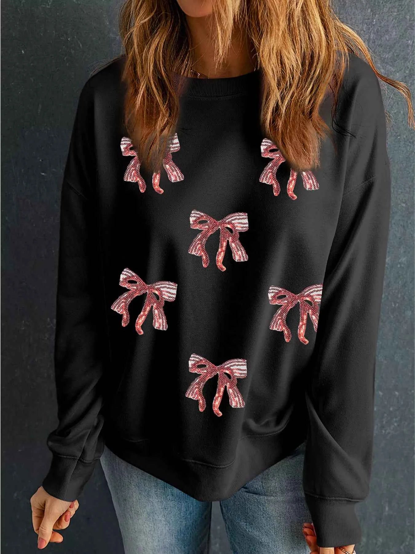 Christmas Sequin Ribbon Bow Drop Shoulder Sweatshirt