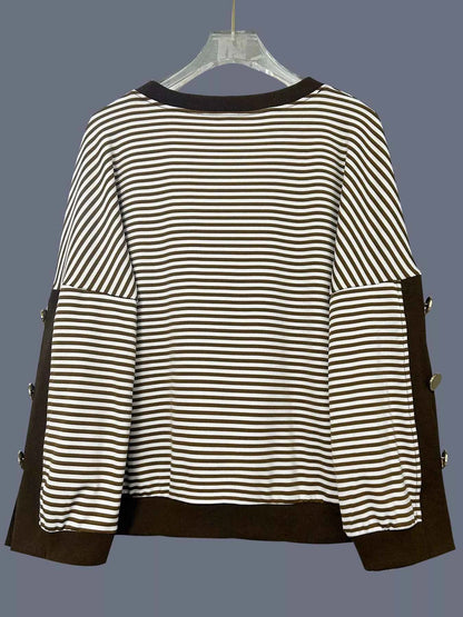 Striped Button Decor Dropped Shoulder Sweatshirt