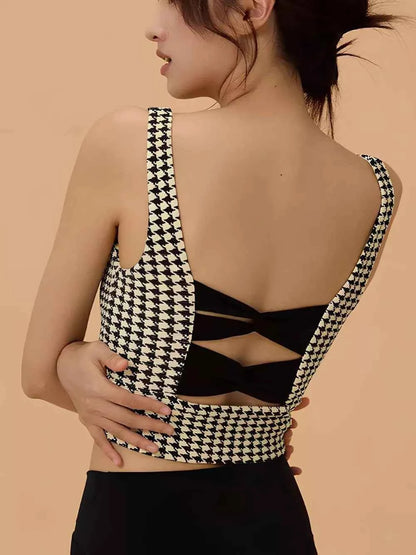 Crisscross Back Houndstooth Active Bra