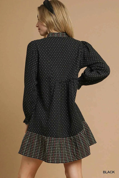 Umgee Polka Dot Plaid Trim Babydoll Dress