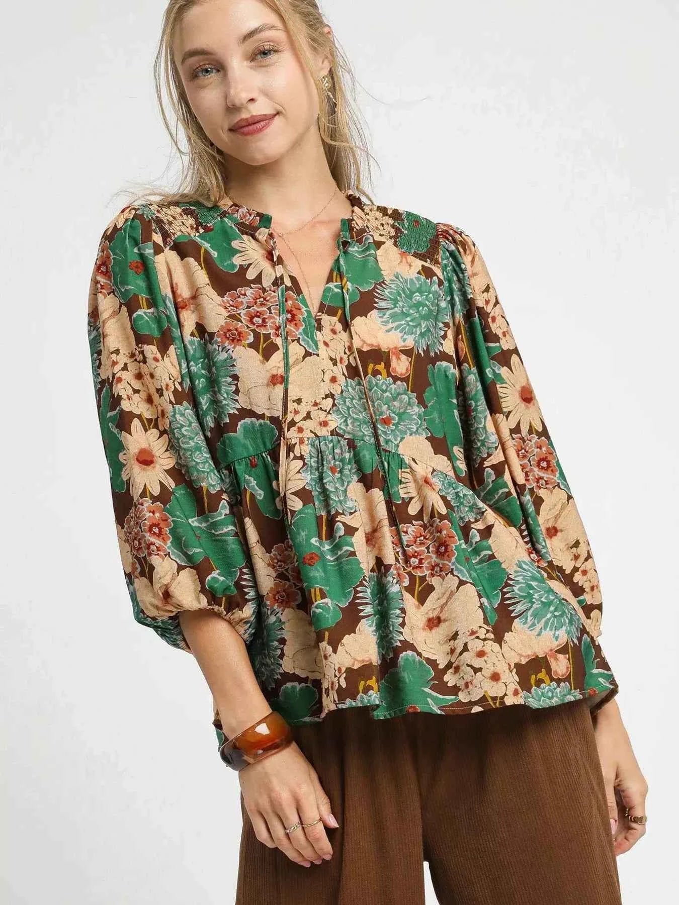 Umgee Mix Floral Peplum Blouse with Tie Neck