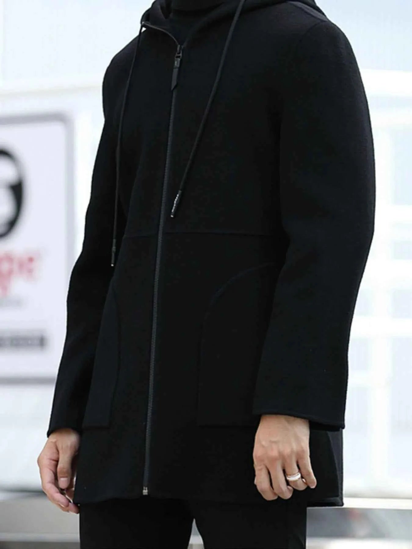 Men's Plus Size Zip Up Drawstring Hooded Wool Coat