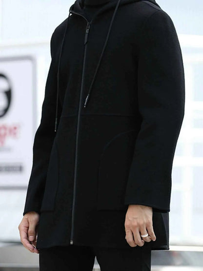 Men's Plus Size Zip Up Drawstring Hooded Wool Coat