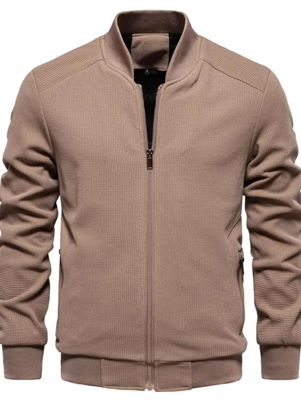 Men's Waffle Knit Baseball Collar Zip Up Jacket