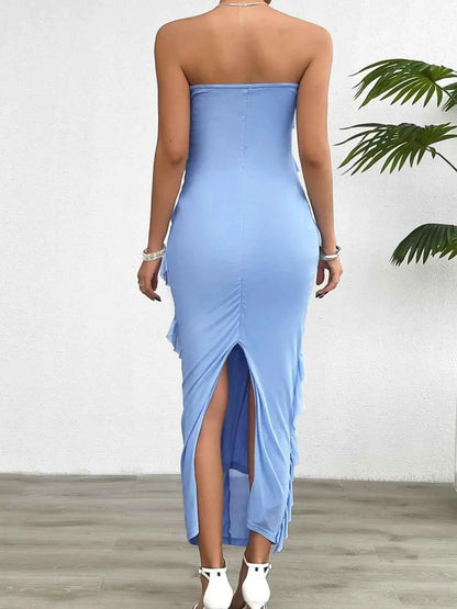 Ruffled Slit Back Tube Maxi Dress