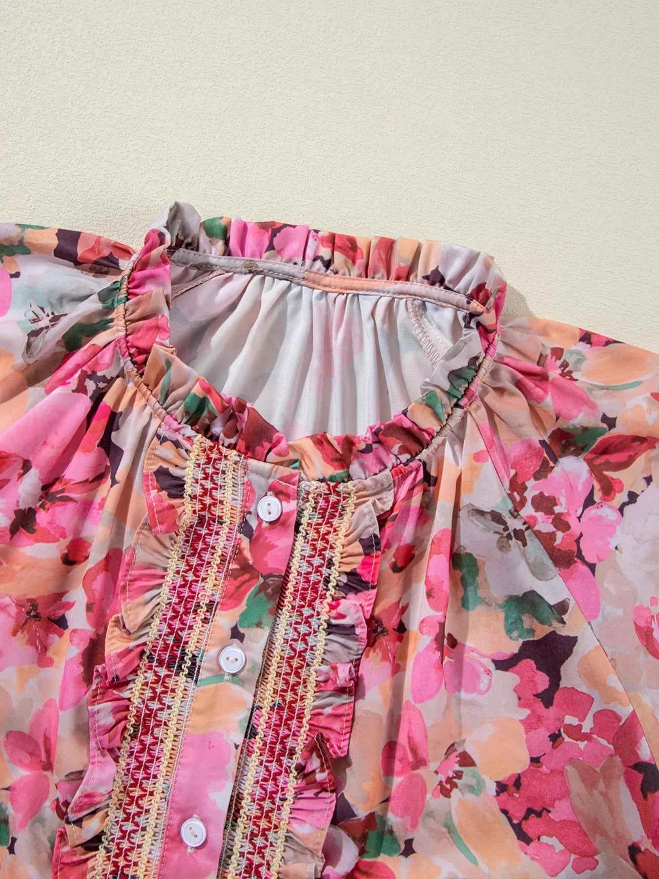 Floral Print Ruffle Trim Long Sleeve Shirt