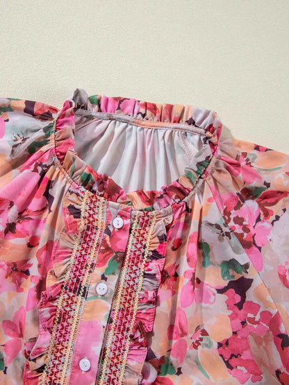 Floral Print Ruffle Trim Long Sleeve Shirt