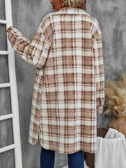 Plaid Fleece Button Up Longline Outerwear