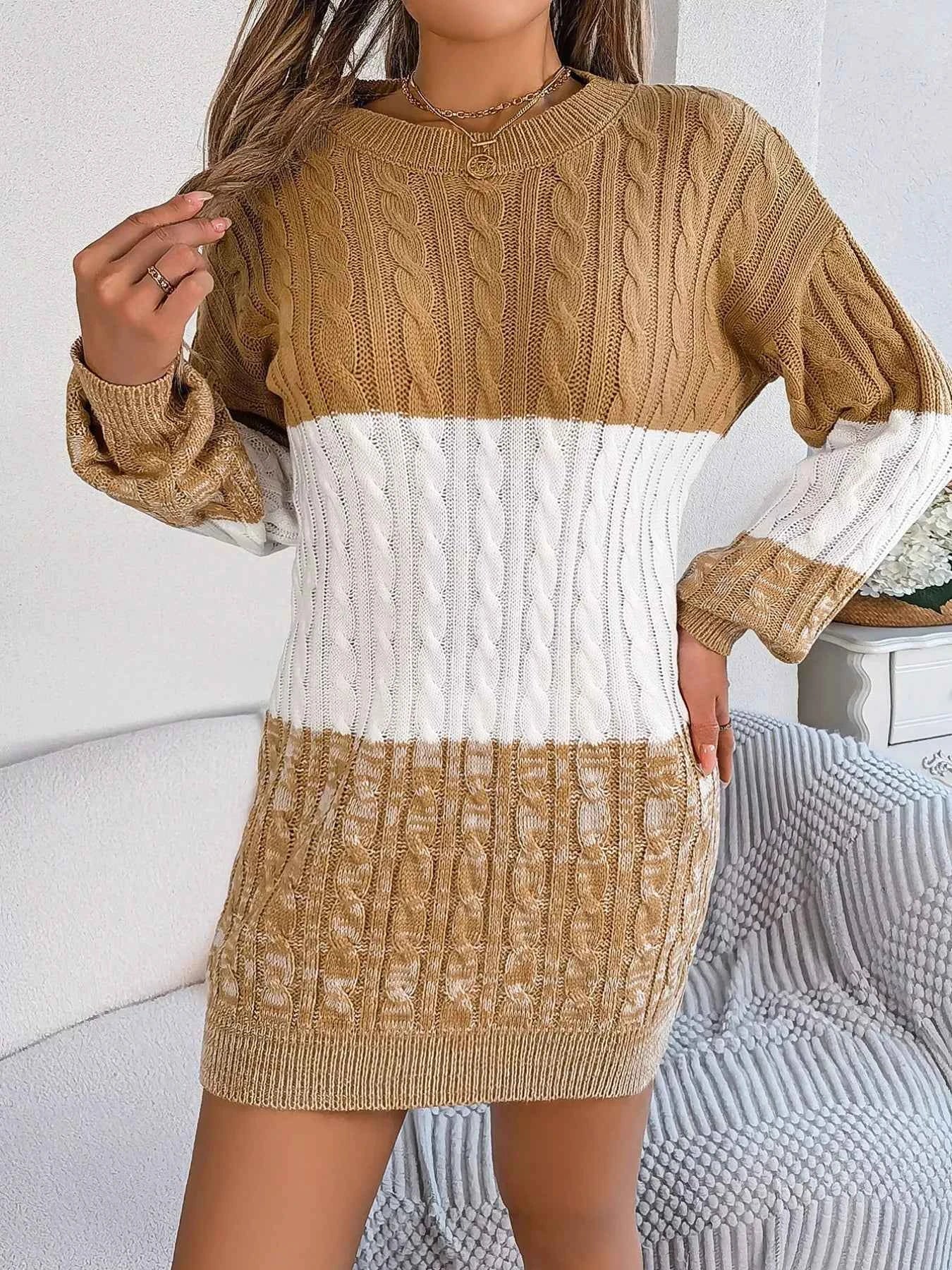 Color Block Cable Knit Sweater Dress with Textured Pattern