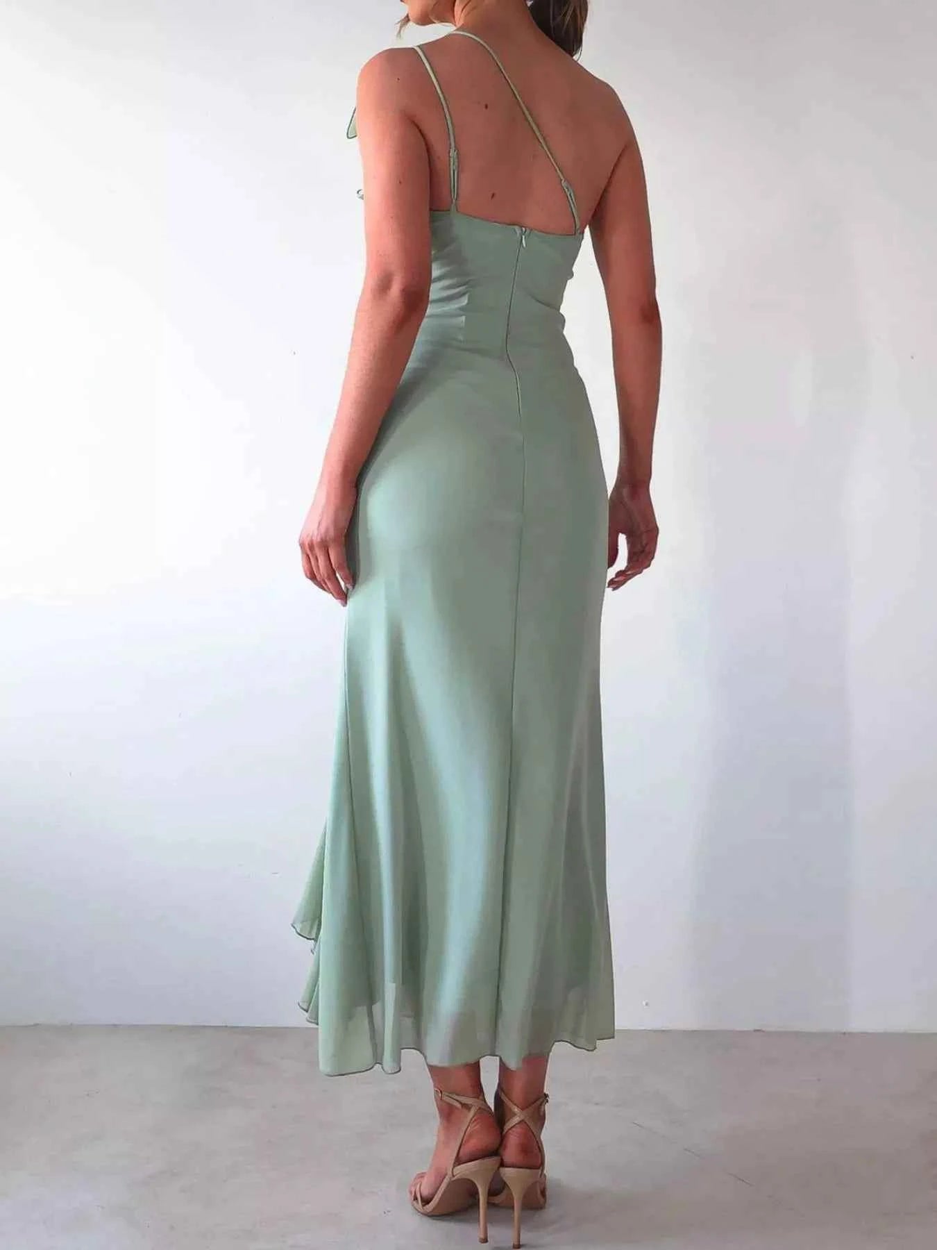One-Shoulder Ruffle Slit Dress