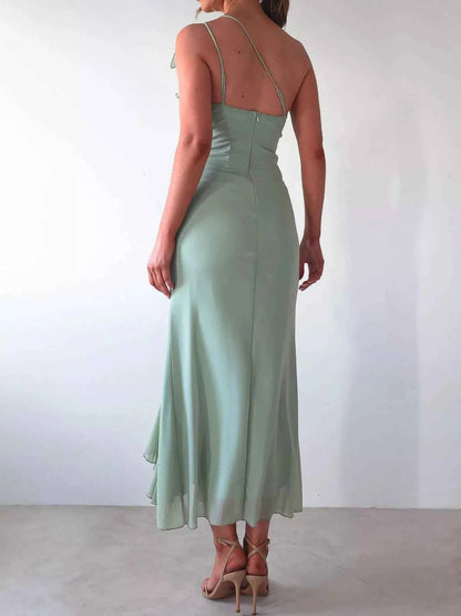 One-Shoulder Ruffle Slit Dress