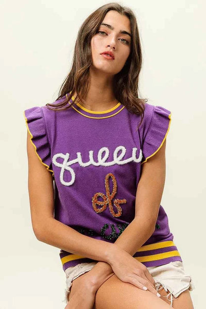 BiBi Queen Of Mardi Ruffled Armhole Sleeveless Knit Top