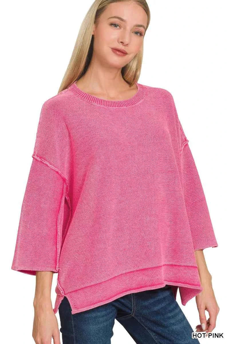 Zenana Washed 3/4 Sleeve Boxy Sweater