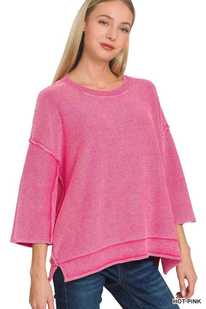 Zenana Washed 3/4 Sleeve Boxy Sweater