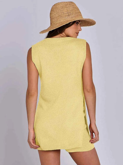 Side Slit Round Neck Tank and Ribbed Shorts Sweater Set