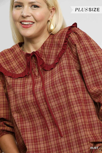 Umgee Full Size Plaid Ruffle Collar Blouse Plus Size