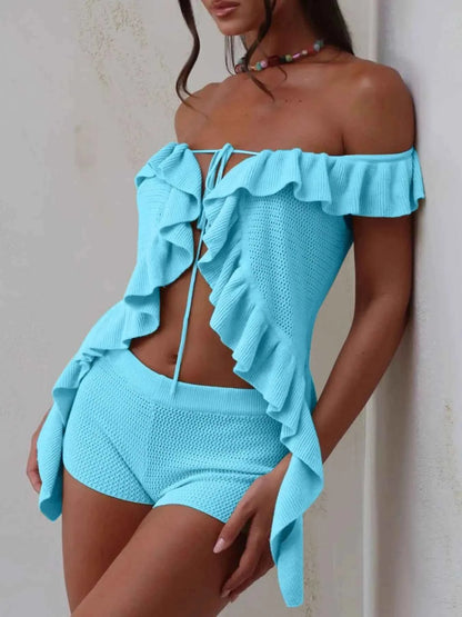 Off-Shoulder Ruffle Top and Shorts Sweater Set