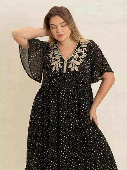 Plus Size Printed V-Neck Flutter Sleeve Maxi Dress
