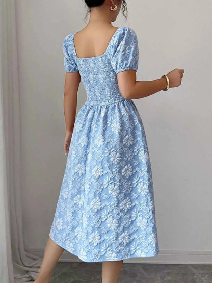 Floral Square Neck Puff Sleeve Midi Dress