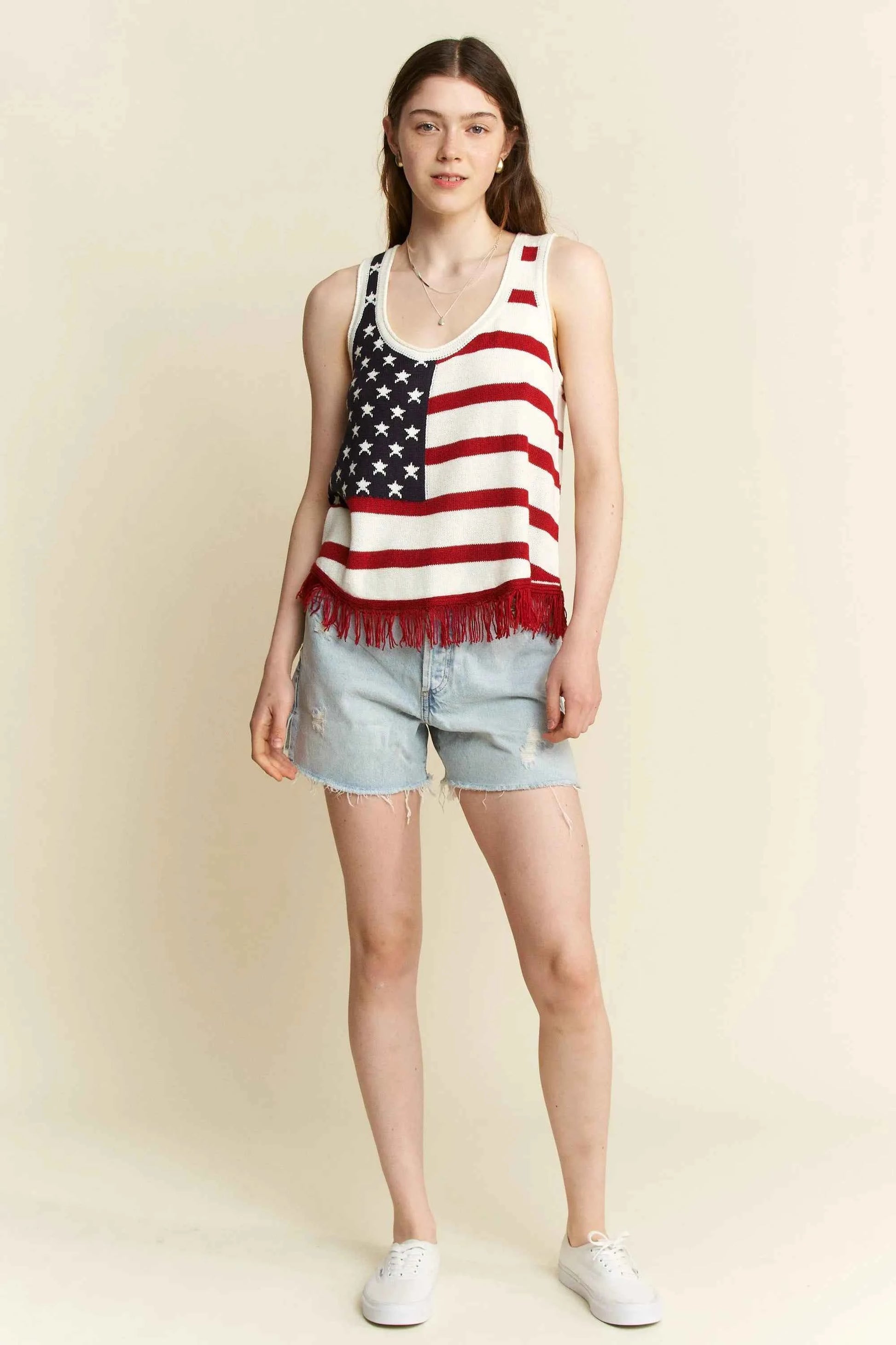 Jade By Jane Full Size American Flag Fringe Tank Top Plus Size