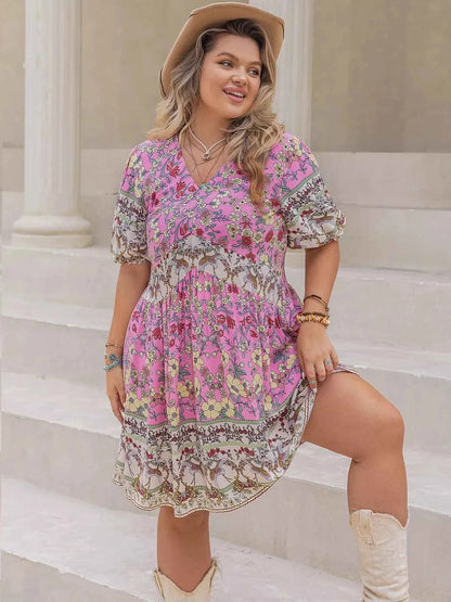 Plus Size Floral Print V-Neck Puff Sleeve Summer Dress