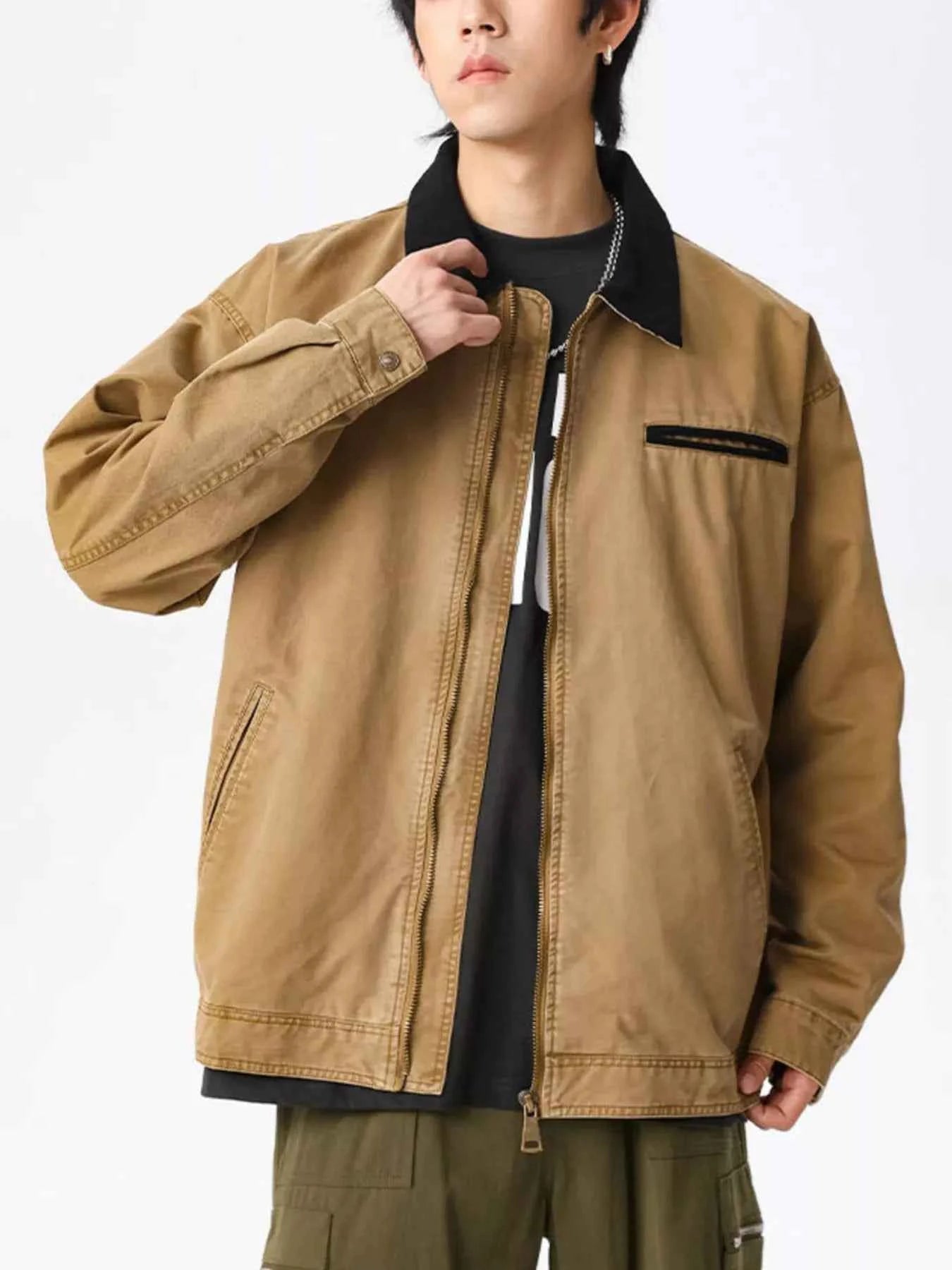 Men's Plus Size Vintage Zipper Front Jacket with Contrast Collar