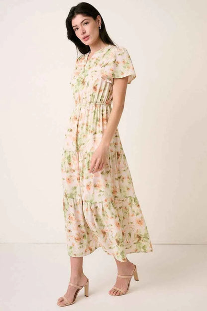 Mittoshop Flower Print Flutter Sleeve V Slit Maxi Dress