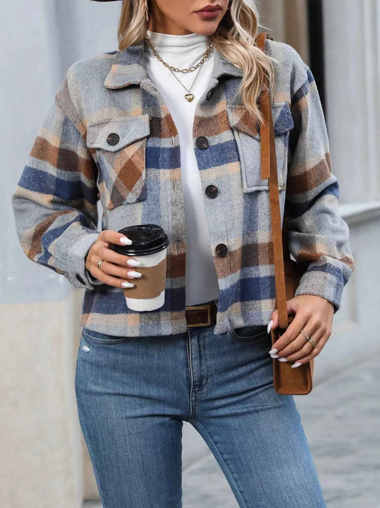 Plaid Oversized Button-Up Cropped Jacket
