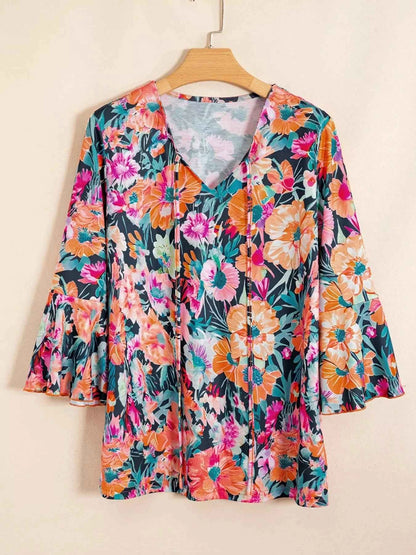Floral 3/4 Flare Sleeve Tied Neck Blouse