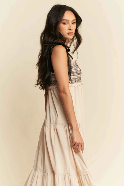 Davi & Dani Multi Contrast Smocked Bodice Straps Maxi Dress
