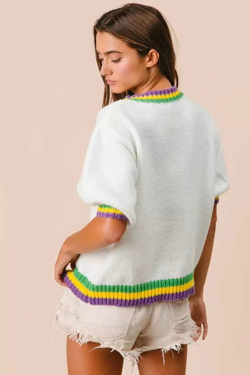 BiBi Short Puff Sleeve Ribbon Bow Mardi Gras Sweater