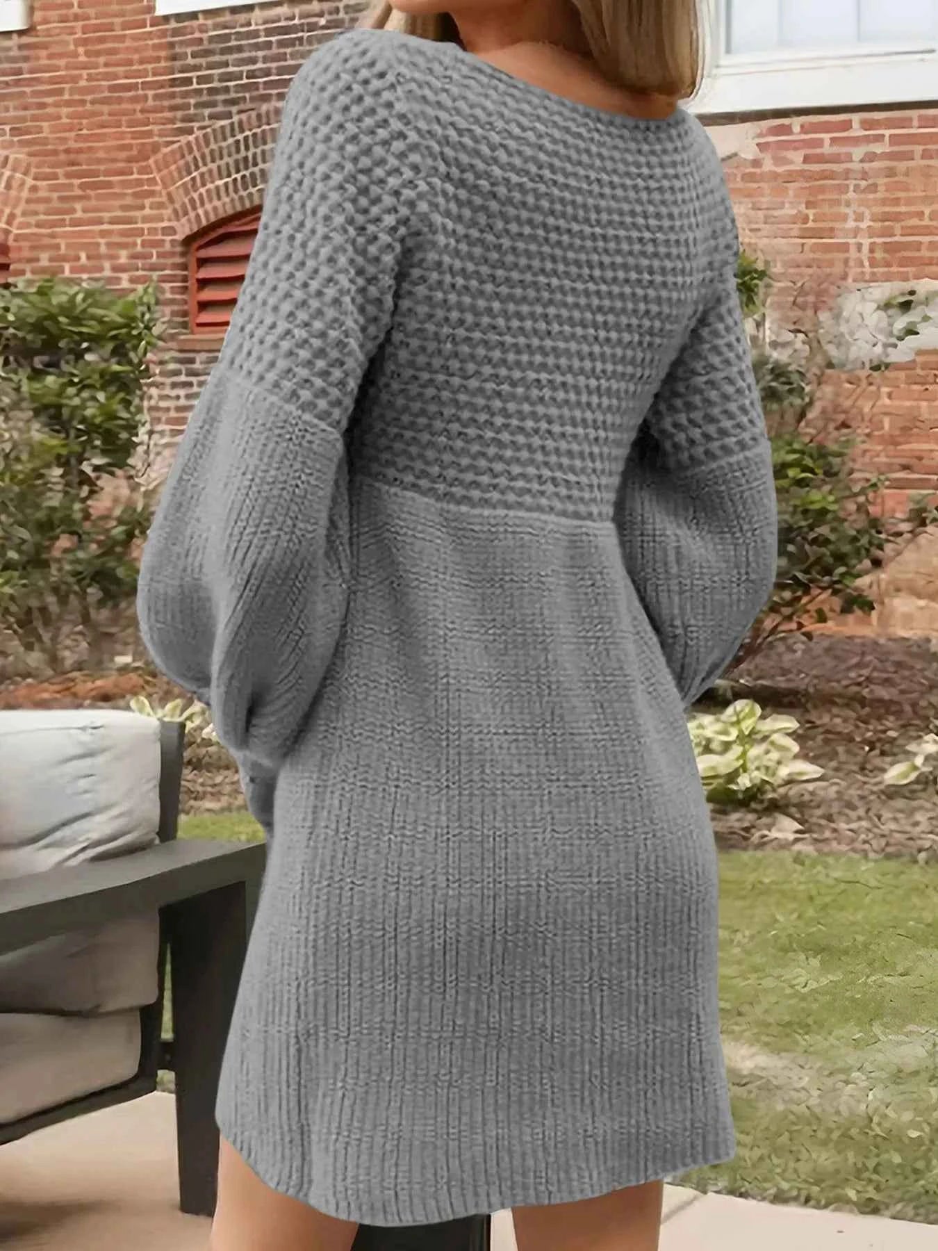 Texture V-Neck Lantern Sleeve Sweater Dress