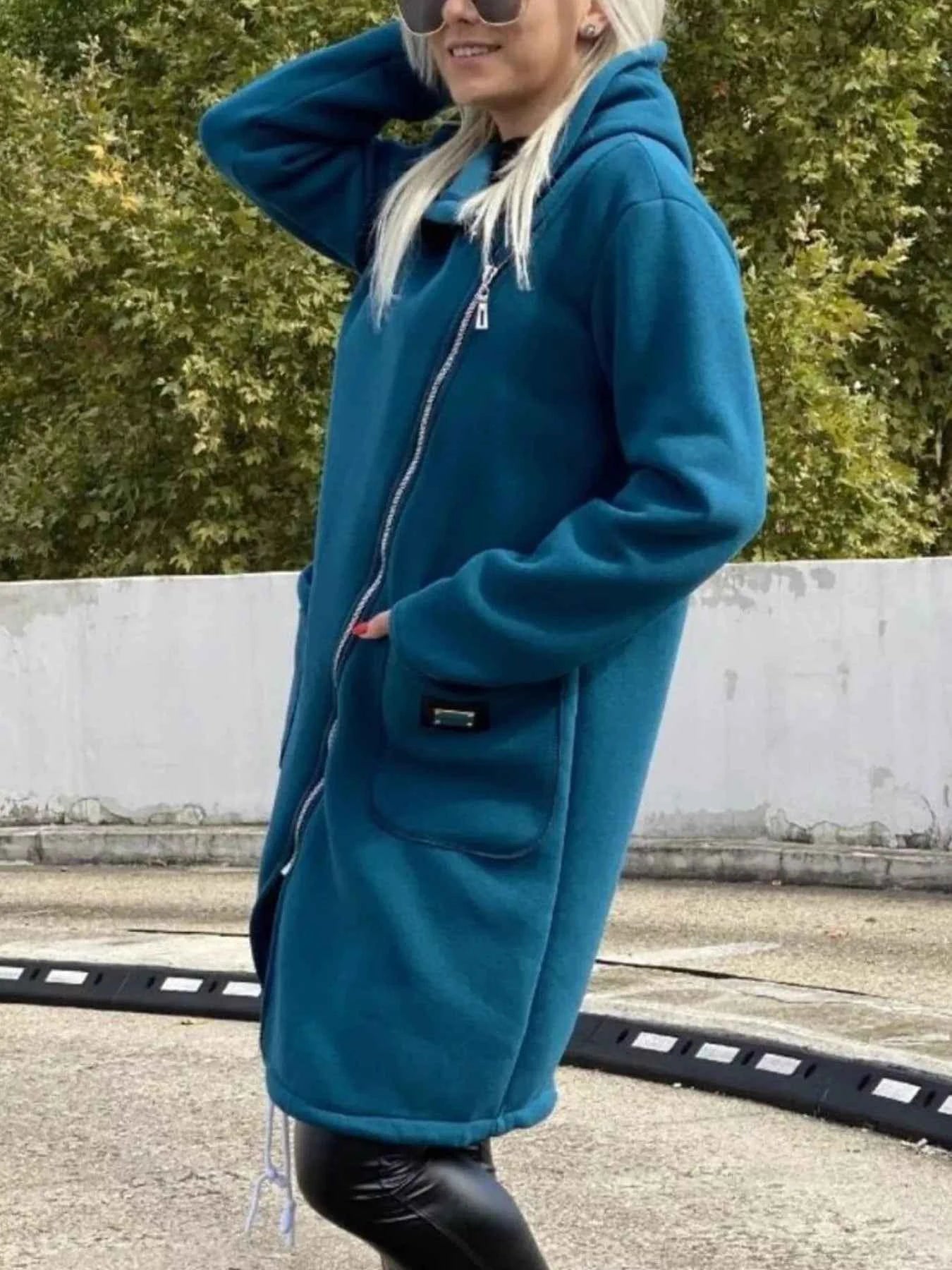 Full Size Asymmetrical Zip-Up Hooded Fleece Outerwear Plus Size