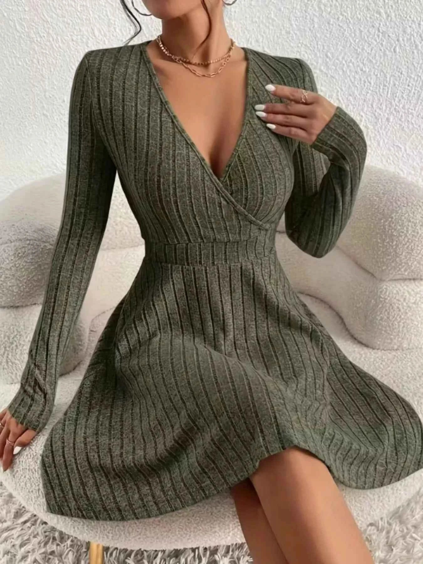 Ribbed Knit Wrap Mini Dress