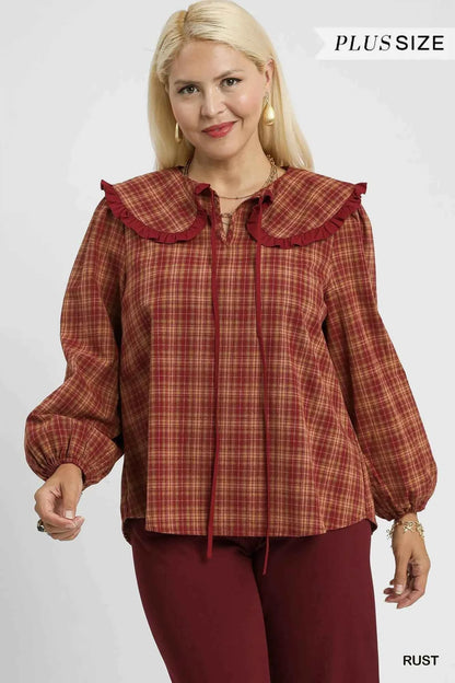 Umgee Full Size Plaid Ruffle Collar Blouse Plus Size