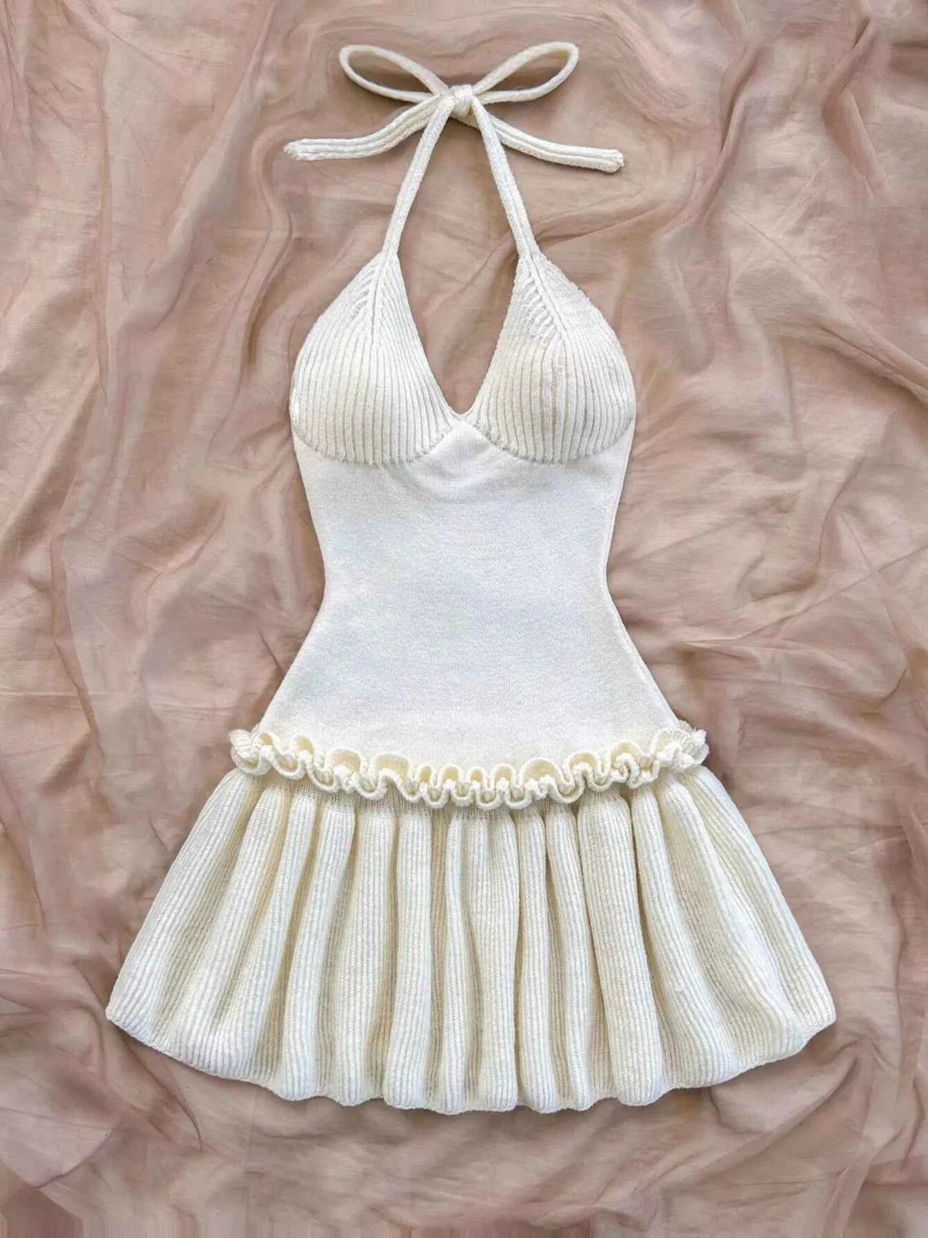 Halter Neck Ruffle Hem Knit Sweater Dress