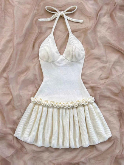 Halter Neck Ruffle Hem Knit Sweater Dress