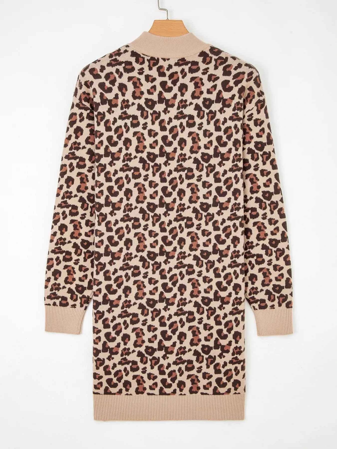 Leopard Print High Neck Shift Mini Sweater Dress