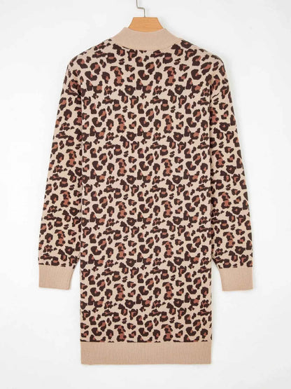 Leopard Print High Neck Shift Mini Sweater Dress