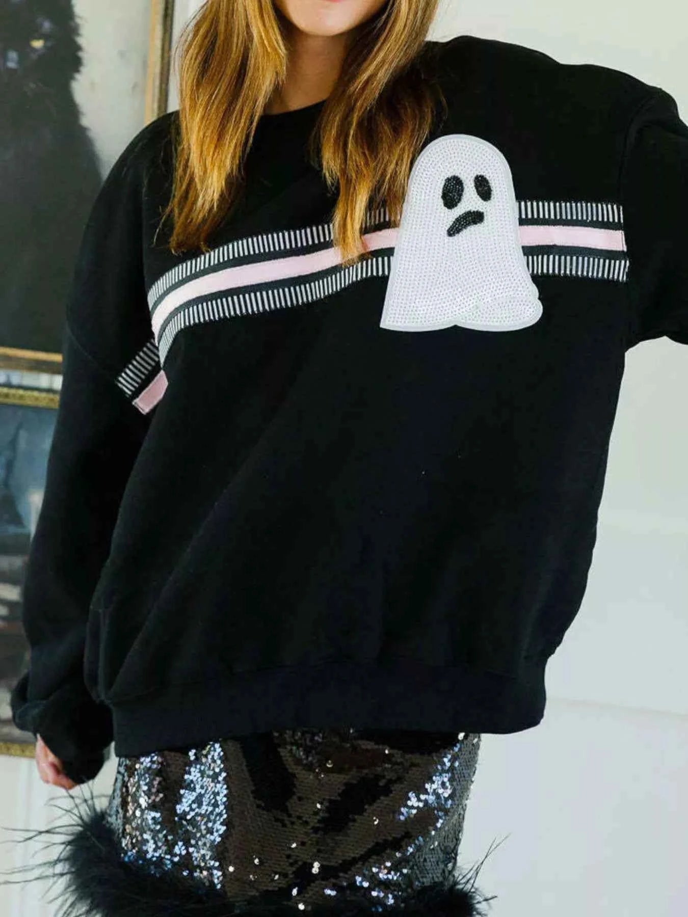 Halloween Sequin Round Neck Sweatshirt